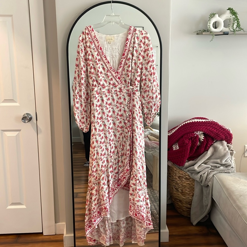 Red Floral & Cream Wrap Dress